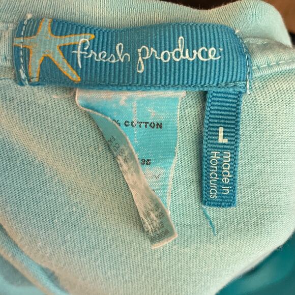 Women's Large Fresh Produce Vermont Flip Flop Cotton V-Neck Blue T-Shirt - Picture 4 of 4